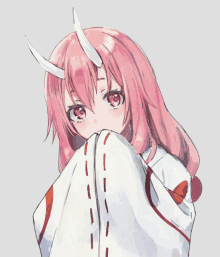 a drawing of a girl with pink hair and horns covering her face