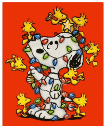 a cartoon of snoopy surrounded by woodstock and christmas lights on a red background