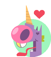 a purple unicorn with a pink horn and a red heart above it