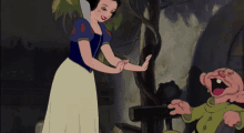 a cartoon of snow white standing next to a laughing gnome