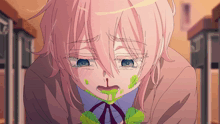 a girl with pink hair and blue eyes is crying with green liquid coming out of her nose