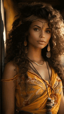 a woman with curly hair wearing a yellow dress and a headband