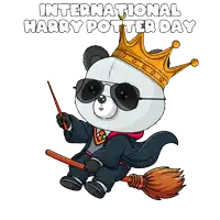 a panda bear wearing a crown and sunglasses is flying on a broom with the words international harry potter day below him