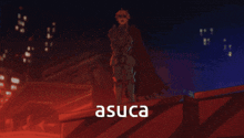 a close up of a person 's face with the word asuca on it