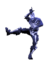 a skeleton in a top hat is dancing on one leg