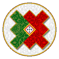 a circular emblem with a red and green cross and a yellow square with the letter b on it