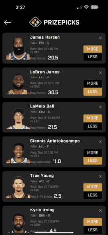 a prizepicks app on a phone shows james harden lebron james and giannis antetokounmpo