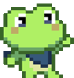 a pixel art of a green frog wearing a blue shirt .