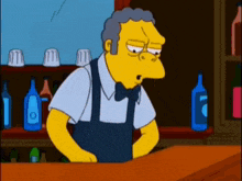 a cartoon character is standing behind a bar with bottles of liquor