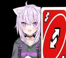 a girl with purple hair is standing next to a red uno card with arrows pointing in opposite directions