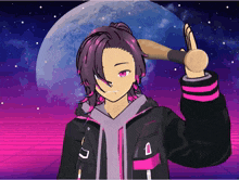 a girl with purple hair is holding a bat in front of a full moon