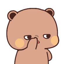 a cartoon teddy bear is covering his nose with his finger .