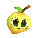 a cartoon apple with big eyes and a green leaf on top .