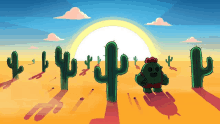 a cartoon of a cactus in a desert with the sun behind it