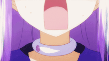 a close up of a girl 's face with purple hair and a white collar