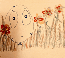 a child 's drawing of a smiley face surrounded by flowers