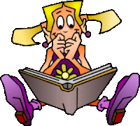 a cartoon of a girl reading a book with purple shoes