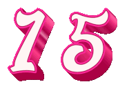 the number 15 is displayed in pink and white letters