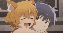 a boy and a girl are hugging each other in an anime