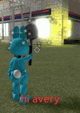 a blue bunny is holding a hammer and the word hi avery is on the bottom