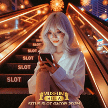 a woman is sitting on a set of escalators looking at her cell phone