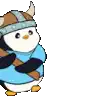 a penguin wearing a viking hat is holding a large hammer .