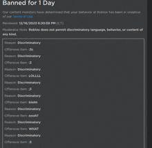 a screenshot of the banned for 1 day page