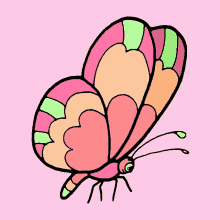 a drawing of a colorful butterfly with a pink background