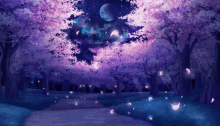 a painting of a forest with purple trees and a full moon in the sky