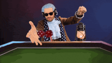 a man in a wig and sunglasses is playing a game of pool