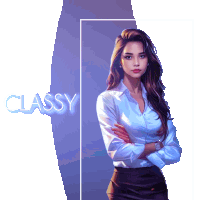 a woman stands with her arms crossed and the word classy behind her