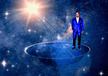 a man in a blue suit is standing on top of a blue globe