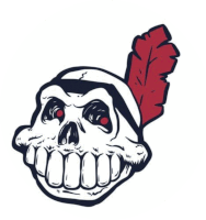 a cartoon skull with a red feather on its head