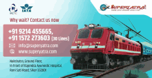 an advertisement for superyatra shows a red train on tracks