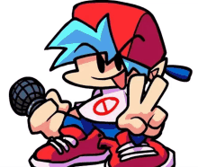 a cartoon of a boy holding a microphone and giving a peace sign .