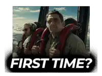 a man in a hot air balloon with the words " first time " below him