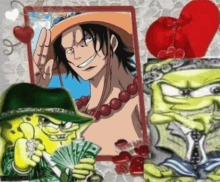 a picture of spongebob holding a stack of money next to a picture of ace