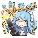 a girl with blue hair is holding a cannon in her hand .