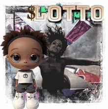 a doll is standing in front of a lotto poster