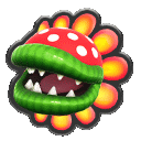 a cartoon plant with a red and white mushroom on it 's head and teeth .