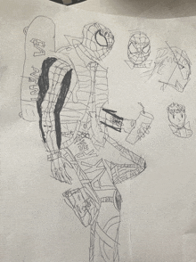 a black and white drawing of a spiderman with a backpack