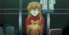 a girl in a red suit with the word test on the front