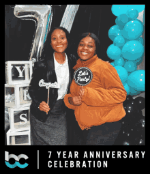 two women pose for a photo in front of balloons and a sign that says " let 's party "