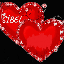 two red hearts with sibel written on them