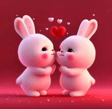 two bunny rabbits are kissing each other with hearts flying around them .