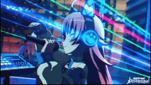 a girl wearing headphones is singing into a microphone in a video game scene