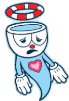 a cuphead ghost with a life preserver on his head and a heart on his chest .