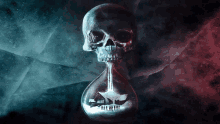 a skull in a hourglass with a house in it