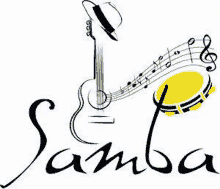 a guitar , hat , tambourine , and musical notes are shown in a logo for samba .