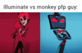 a cartoon character with red eyes is next to a cartoon character with black eyes